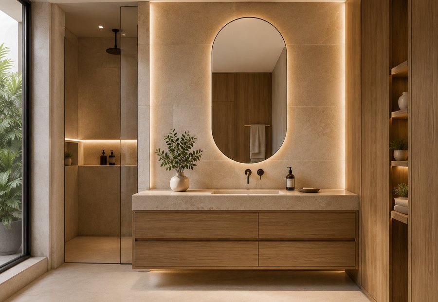 Mueble de baño moderno con madera, piedra e iluminación suave