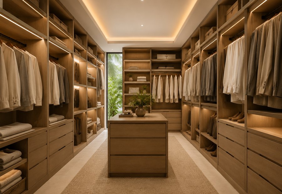 Closet walk-in de lujo con madera e iluminación cálida