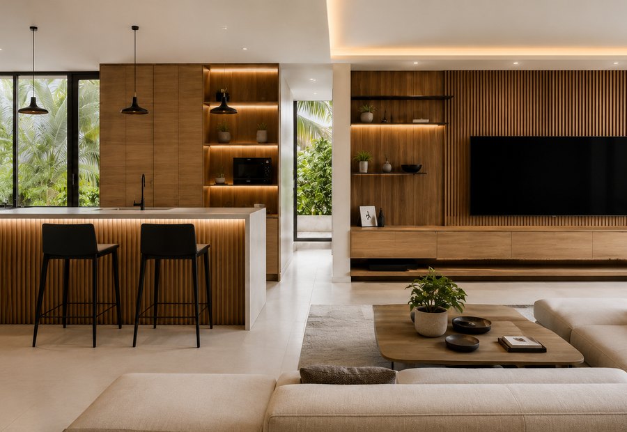 Cocina moderna en madera natural y tonos claros