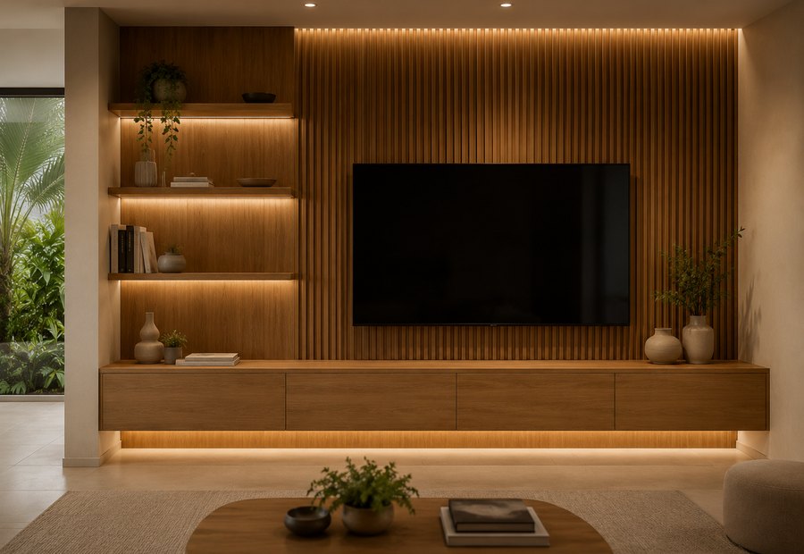 Mueble de televisión moderno en madera con listones decorativos
