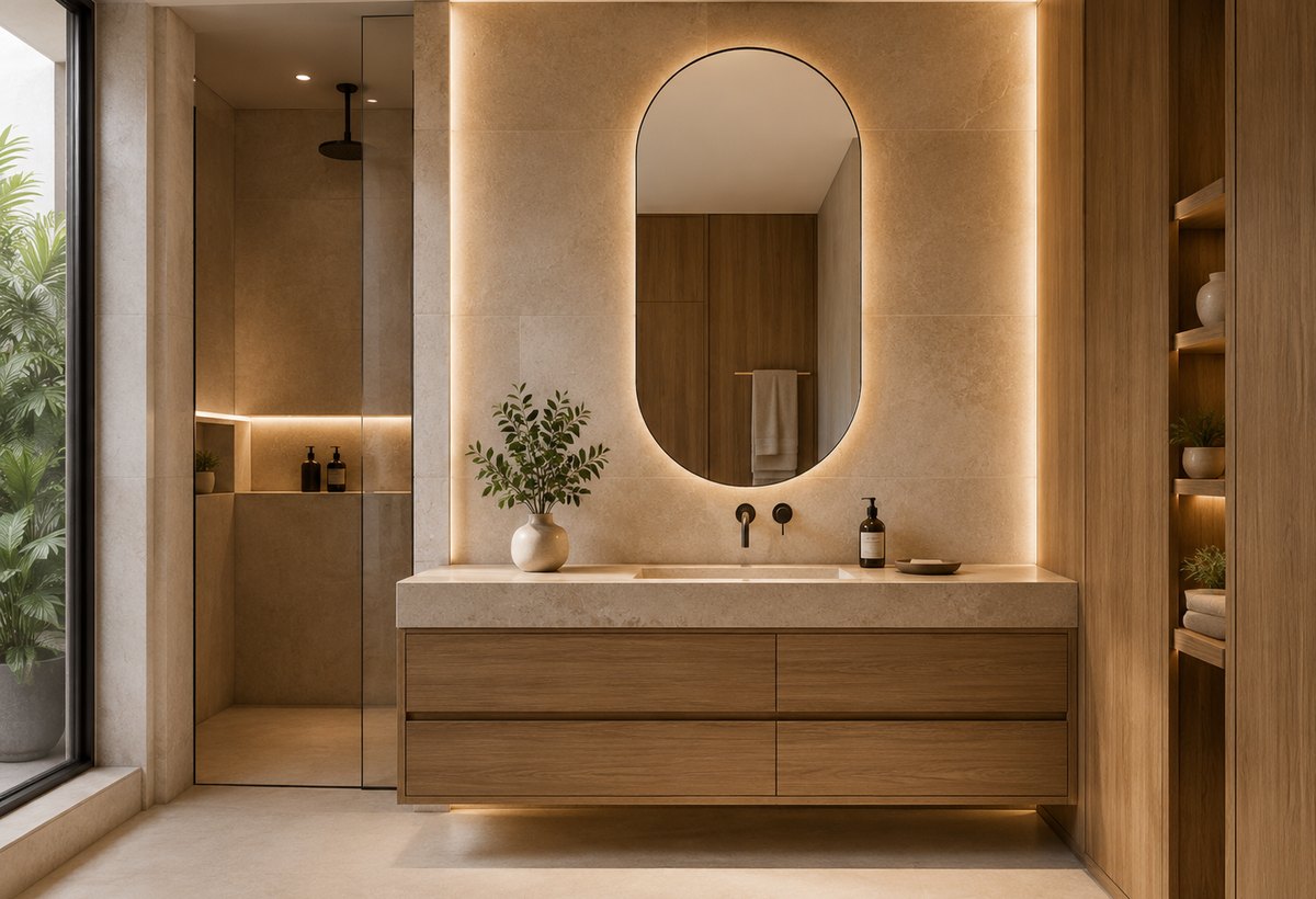 Detalle de vanidad moderna con madera e iluminación cálida